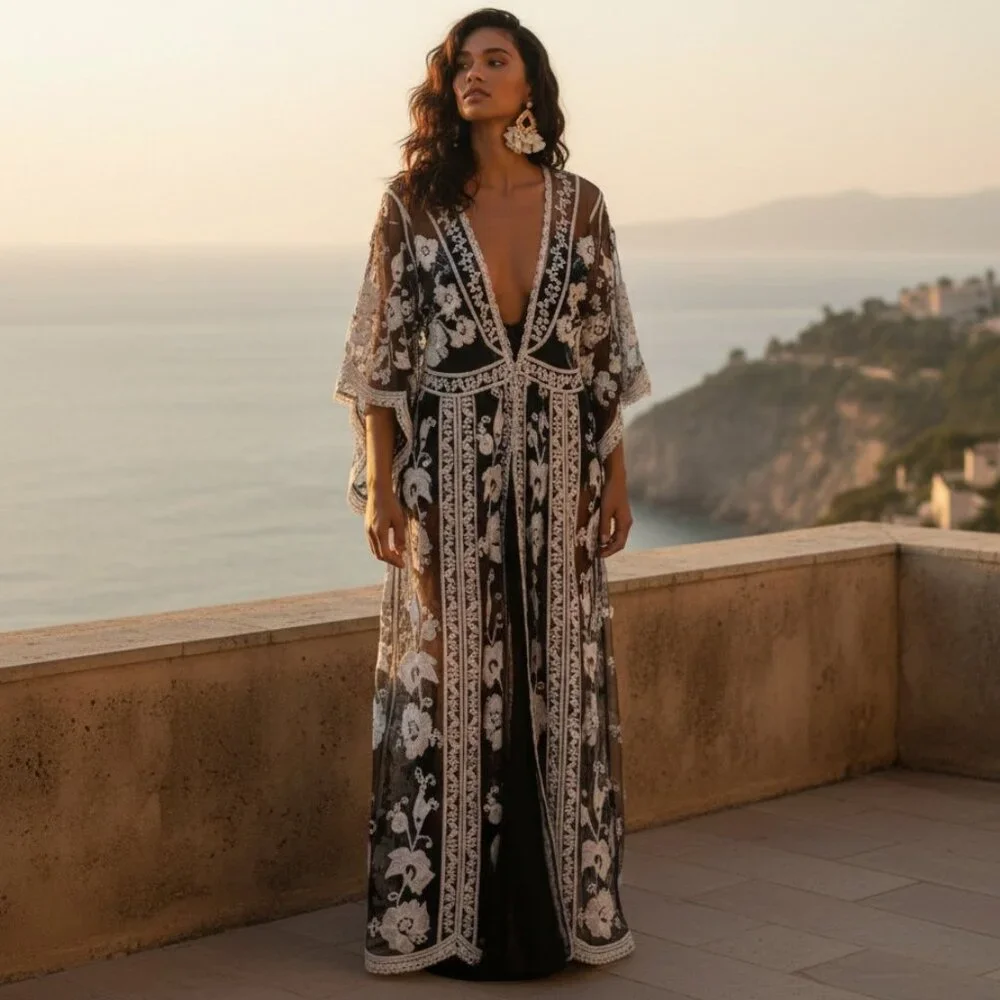 ASHA Gypsy Boho Embroidered Duster L M S Robe Maxi Dress Swim Cover Up Kimono - Picture 14 of 14